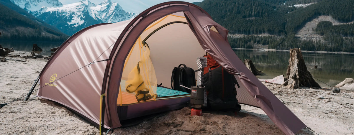 WindQuester Gale Lite 2 tunnel tent pitched at an alpine lake campsite