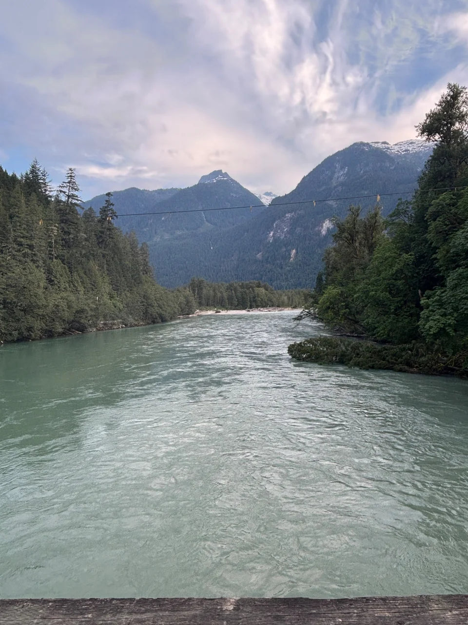The Squamish River with forested banks and mountain peaks beyond.